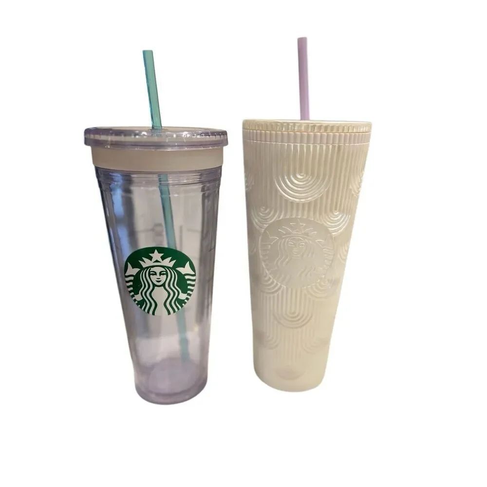 Set of 2 Starbucks Clear Venti Cold Cup & Siren Shell Pearl White Tumbler 24 oz